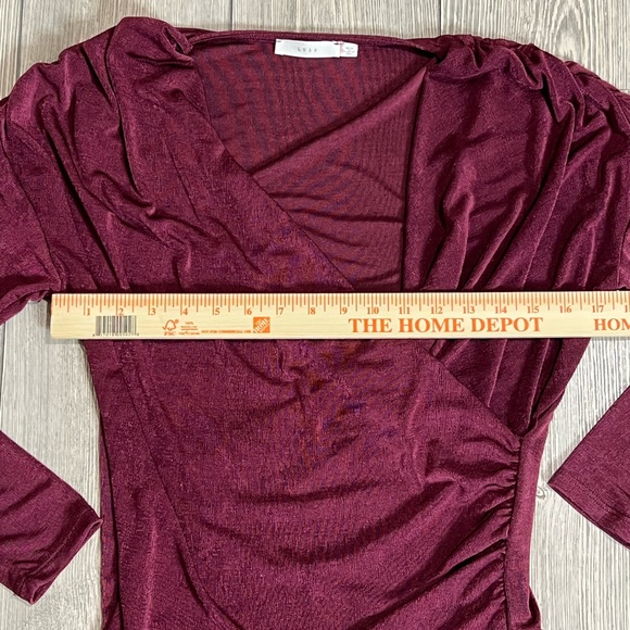 Lush shimmer wine colored faux wrap top size small with ruched detail - Picture 6 of 8